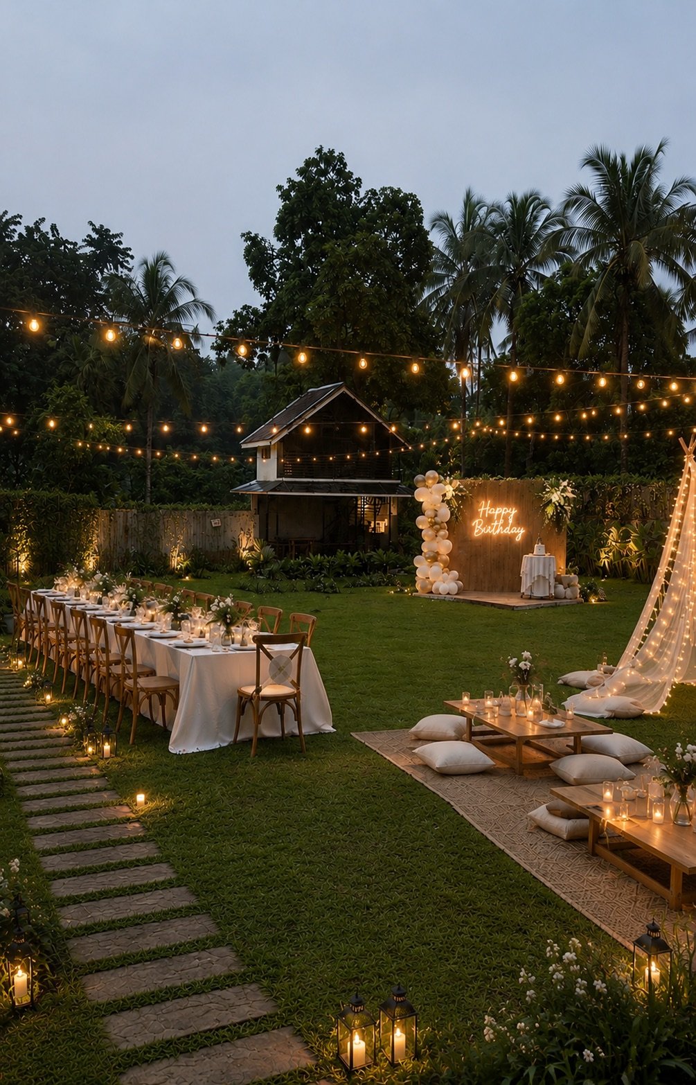 The same lawn styled for a birthday celebration, with a long dining table, neon sign and string lights