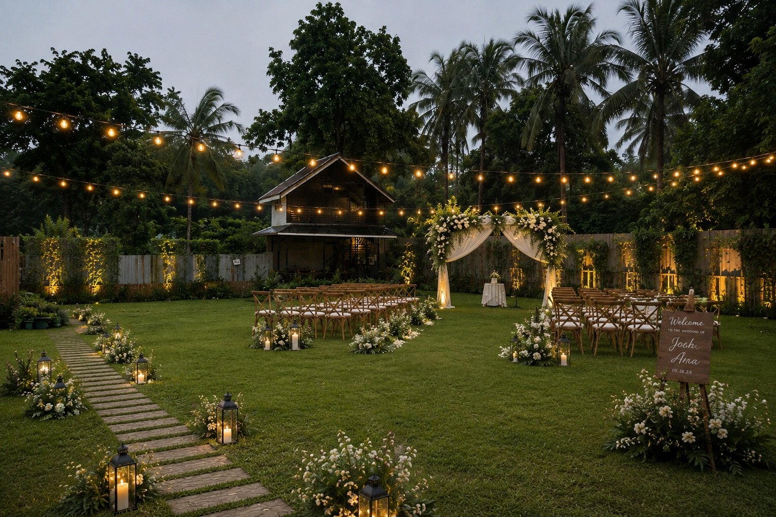 The same lawn styled for a wedding ceremony, with a floral arch, aisle seating and string lights
